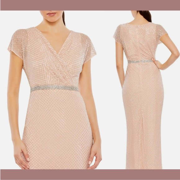 NWT $698 Mac Duggal [ 10 ] Beaded Butterfly Sleee Column V-Neck Gown‎ Pink #Q610 - Picture 1 of 16